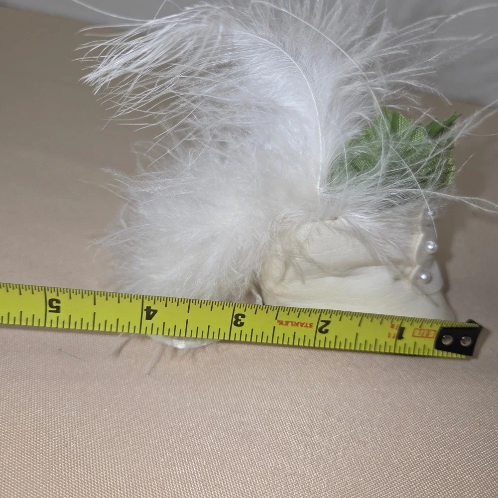 Vintage‎ Miniature White Leather Bootie Doll Shoe Ornament Feather Floral